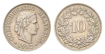 Швейцария 10 раппенов 1952 B KM 27 медно-никель 4708-165