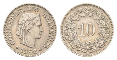 Швейцария 10 раппенов 1952 B KM 27 медно-никель 4708-165
