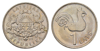 Латвия 1 лат 2005 Петух церкви Святого Петра KM 65 медно-никель UNC 4625-1063