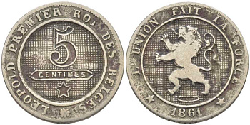 БЕЛЬГИЯ 5 САНТИМОВ 1861 BELGES, ЛЕОПОЛЬД III (1934-1950) KM 21 медно-никель 116-938
