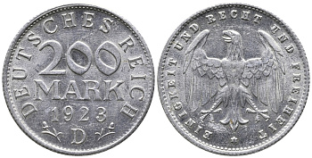 ГЕРМАНИЯ 200 МАРОК 1923 D KM 35, J. 304 алюминий 24-835