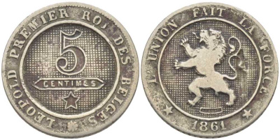 БЕЛЬГИЯ 5 САНТИМОВ 1861 BELGES, ЛЕОПОЛЬД III (1934-1950) KM 21 медно-никель 116-938