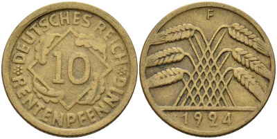 Германия 10 рентенпфеннигов 1924 F KM 33, J. 309 алюминиевая бронза 4401-411