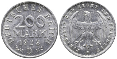 ГЕРМАНИЯ 200 МАРОК 1923 D KM 35, J. 304 алюминий 24-835