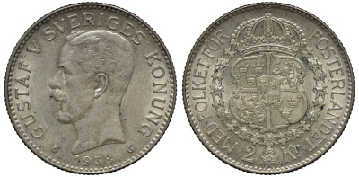 Швеция 2 кроны 1938 G, Густав V (1907-1950) KM 787 серебро 00-00