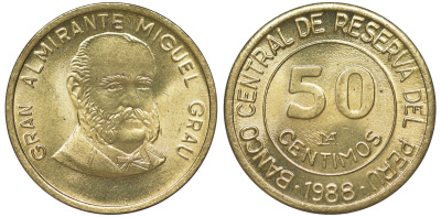 Перу 50 сентимо 1988 Мигель Грау Семинарио KM 295 латунь aUNC 4605-421