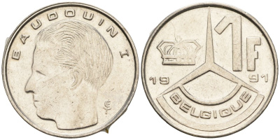 Бельгия 1 франк 1991 Belgique, Бодуэн I (1951-1993) KM 170 нержавеющая сталь 4608-436