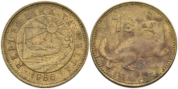 Мальта 1 цент 1986 ласка, горностай KM 78 никель латунь 4585-1145