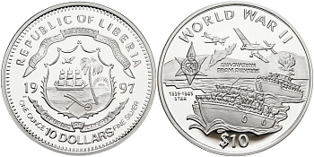 Либерия 10 долларов 1997 серия вторая мировая война, эвакуация из Дюнкерка, тираж 25000 экз. KM 287 серебро PROOF 00-00