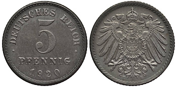 ГЕРМАНИЯ 5 ПФЕННИГОВ 1920 E KM 19, Jager 297, Weege 5 железо 4547-623