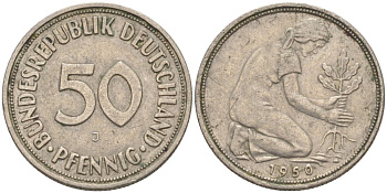 ФРГ 50 пфеннигов 1950 J J 384, KM 109.1 медно-никель 63-349