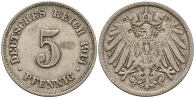Германия 5 пфеннигов 1914 J KM 11, J. 12 медно-никель 4151-553