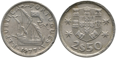 ПОРТУГАЛИЯ 2,5 ЭСКУДО 1977 ПАРУСНИК KM 590 медно-никель 99-1158