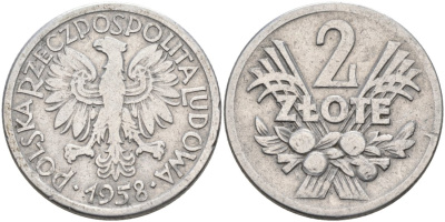 Польша 2 злотых 1958 MW KM 46, Parchimowicz 216a алюминий 4572-342