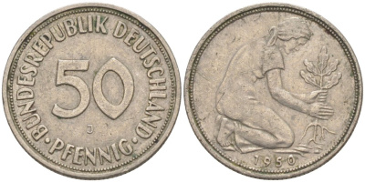 ФРГ 50 пфеннигов 1950 J J 384, KM 109.1 медно-никель 63-349