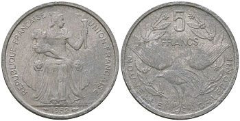 Французская Новая Каледония 5 франков 1952 птица кагу, (IEOM) KM 4, Schoen 4, Lec 71 алюминий 180-226