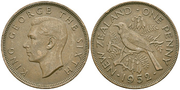 Новая Зеландия 1 пенни 1952 Георг VI (1936-1952), новозеландский туи KM 21 бронза 3457-435