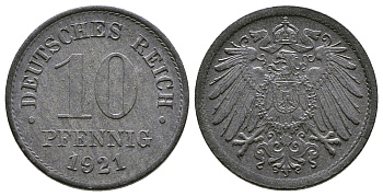 ГЕРМАНИЯ 10 ПФЕННИГОВ 1921 KM 26, J. 299 цинк 4380-243