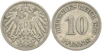ГЕРМАНИЯ 10 ПФЕННИГОВ 1899 A KM 12, J 13 медно-никель 4539-1012
