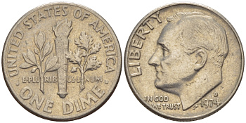 США 10 центов (дайм) 1974 D, Франклин Рузвельт KM 195а медь плакированная медно-никелем 66-1118