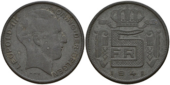 Бельгия 5 франков 1941 DES BELGEN, Леопольд III (1934-1947) KM 129 цинк 4161-926