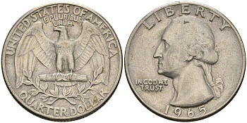 США 25 центов (квотер) 1965 Вашингтон KM 164а медь плакированная медно-никелем    4606-641