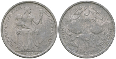 Французская Новая Каледония 5 франков 1952 птица кагу, (IEOM) KM 4, Schoen 4, Lec 71 алюминий 180-226