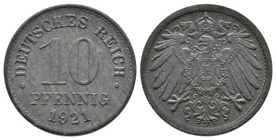 ГЕРМАНИЯ 10 ПФЕННИГОВ 1921 KM 26, J. 299 цинк 4380-243