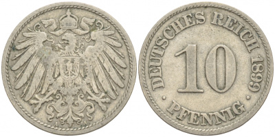 ГЕРМАНИЯ 10 ПФЕННИГОВ 1899 A KM 12, J 13 медно-никель 4539-1012