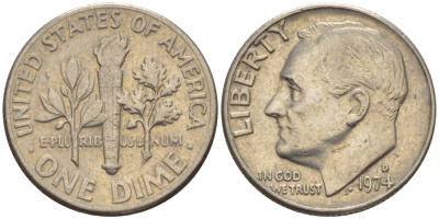 США 10 центов (дайм) 1974 D, Франклин Рузвельт KM 195а медь плакированная медно-никелем 66-1118