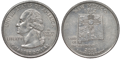 США 25 центов = квотер 2008 P, серия штаты США, Нью-Мексико KM 422 медь плакированная медно-никелем 4525-412