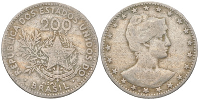 Бразилия 200 реалов 1901 MCMI, голова свободы вправо KM 504 медно-никель 4612-326