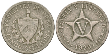 Куба 5 сентаво 1920 звезда, республика (1915-1961) KM 11.1, Y 5, Schoen 5 медно-никель 4615-913