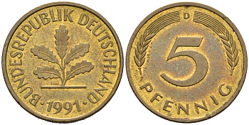ФРГ 5 ПФЕННИГОВ 1991 D КМ 107, J. 382 сталь плакированная латунью 4567-545