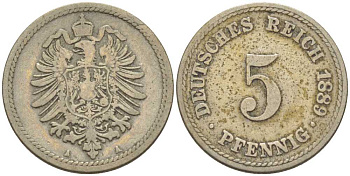 ГЕРМАНИЯ 5 ПФЕННИГОВ 1889 A, СТАРОГЕРБОВКА KM 3, J. 3, Weege 5 медно-никель 206-1058