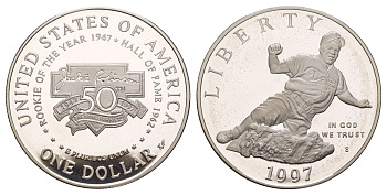 США 1 доллар 1997 S, 50-летие Джеки Робинсона, Бейсбол KM 279 серебро PROOF 11-256-12