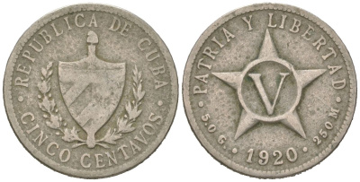 Куба 5 сентаво 1920 звезда, республика (1915-1961) KM 11.1, Y 5, Schoen 5 медно-никель 4615-913