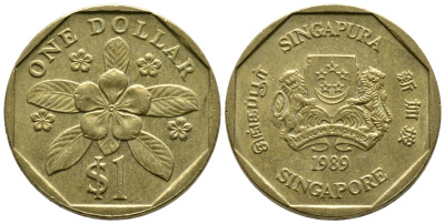 Сингапур 1 доллар 1989 барвинок KM 54b алюминиевая бронза 4610-1047