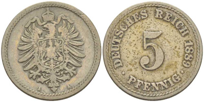 ГЕРМАНИЯ 5 ПФЕННИГОВ 1889 A, СТАРОГЕРБОВКА KM 3, J. 3, Weege 5 медно-никель 206-1058