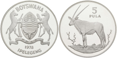 Ботсвана 5 пула 1978 серия защита окружающей среды, орикс, тираж 4026 экз. KM 11 серебро PROOF 1080-5-42