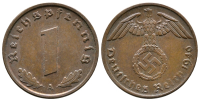 ГЕРМАНИЯ 1 РЕЙХСПФЕННИГ 1940 A KM 89, J. 361 бронза 71-1521