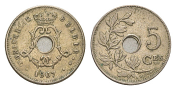 Бельгия 5 сантимов 1907 Belgie, Леопольд I (1865-1909) KM 55 медно-никель 4615-868
