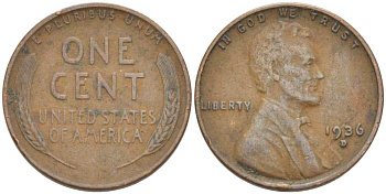 США 1 ЦЕНТ 1936 D, ЛИНКОЛЬН KM 132 бронза 3309-435