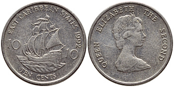 Восточно-Карибские штаты 10 центов 1992 Елизавета II (1952-2022), парусник KM 13 медно-никель 4396-619