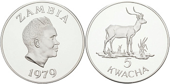 Замбия 5 квача 1979 WWF, серия защита окружающей среды, антилопа личи,  тираж 25000 экз. KM 18а серебро PROOF 00-000-00