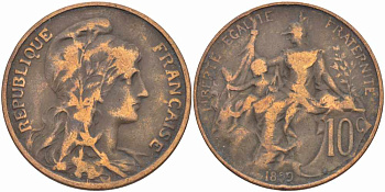 ФРАНЦИЯ 10 САНТИМОВ 1899 ТИП ДАНИЭЛЬ ДЮПЮИ KM 843, LA FRANC 136.8 бронза 109-134
