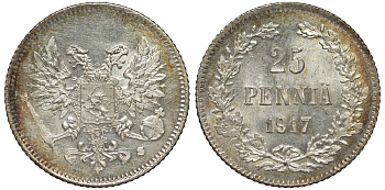 Россия для Финляндии 25 пенни 1917 S, временное правительство, без короны KM 19, Биткин 2 серебро 75-1457