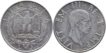 ИТАЛИЯ 2 ЛИРЫ 1939 XVIII ГОД, НЕ МАГНИТНАЯ KM 78а сталь 4389-612
