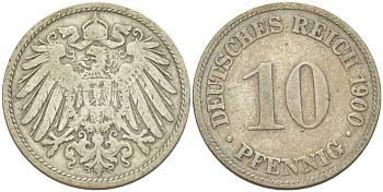 Германия 10 пфеннигов 1900 D KM 12, J. 13, Weege 8 медно-никель 259-814