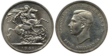 Великобритания 5 шиллингов = 1 крона 1951 Георг VI (1936-1952), фестиваль Британии, Георгий Победоносец KM 880, Spink 4111 медно-никель Prooflike 1518-215